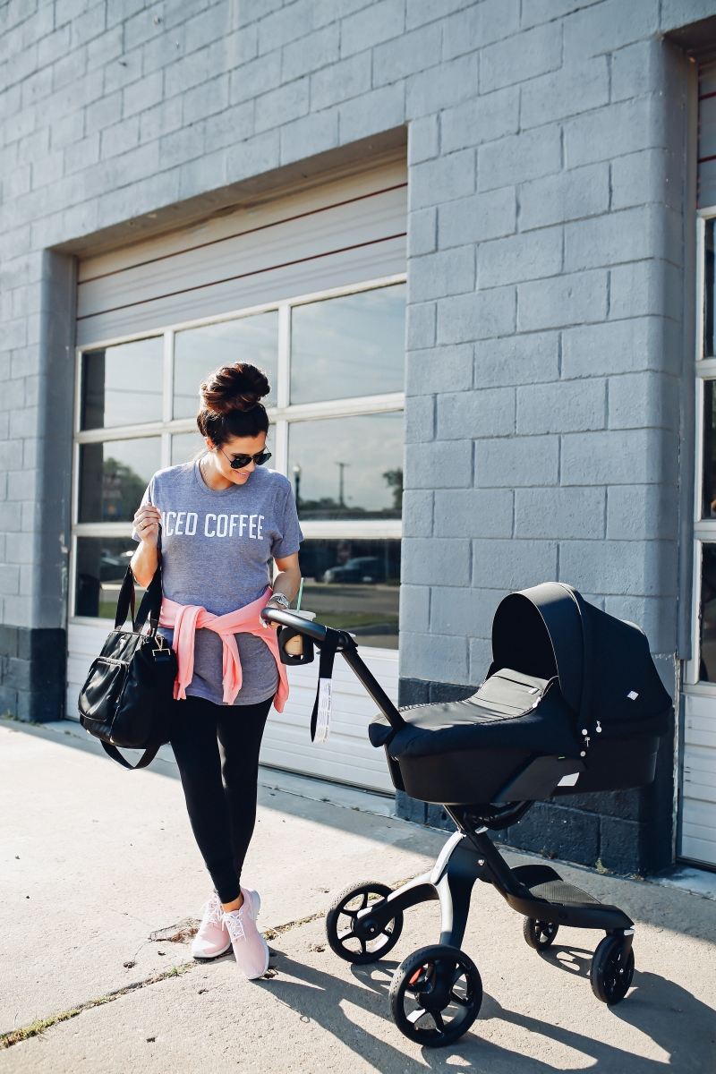 pinterest casual summer athleisure, emily gemma, the sweetest thing, stokke stroller review, pink nike roshe, new mom outfits, best black leggings, zella leggings