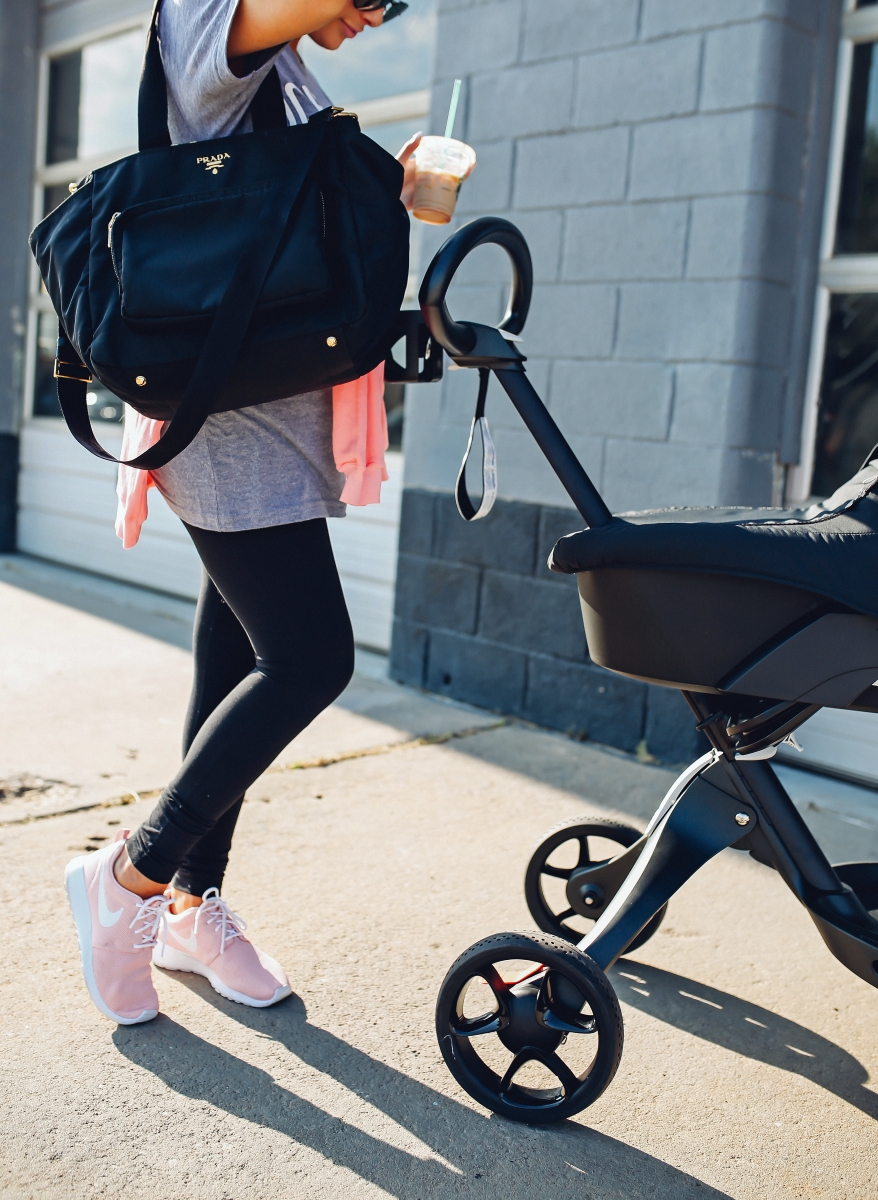 pinterest casual summer athleisure, emily gemma, the sweetest thing, stokke stroller review, pink nike roshe