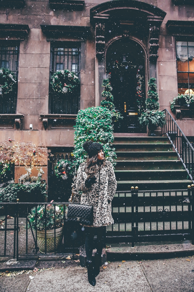 winter outfits leopard jacket, nyc at christmas time, what to wear NY at christmas time, warm cute pinterest outfit NYC winter, emily ann gemma, the sweetest thing blog, cute winter outfit idea nyc, black chanel maxi bag quilted