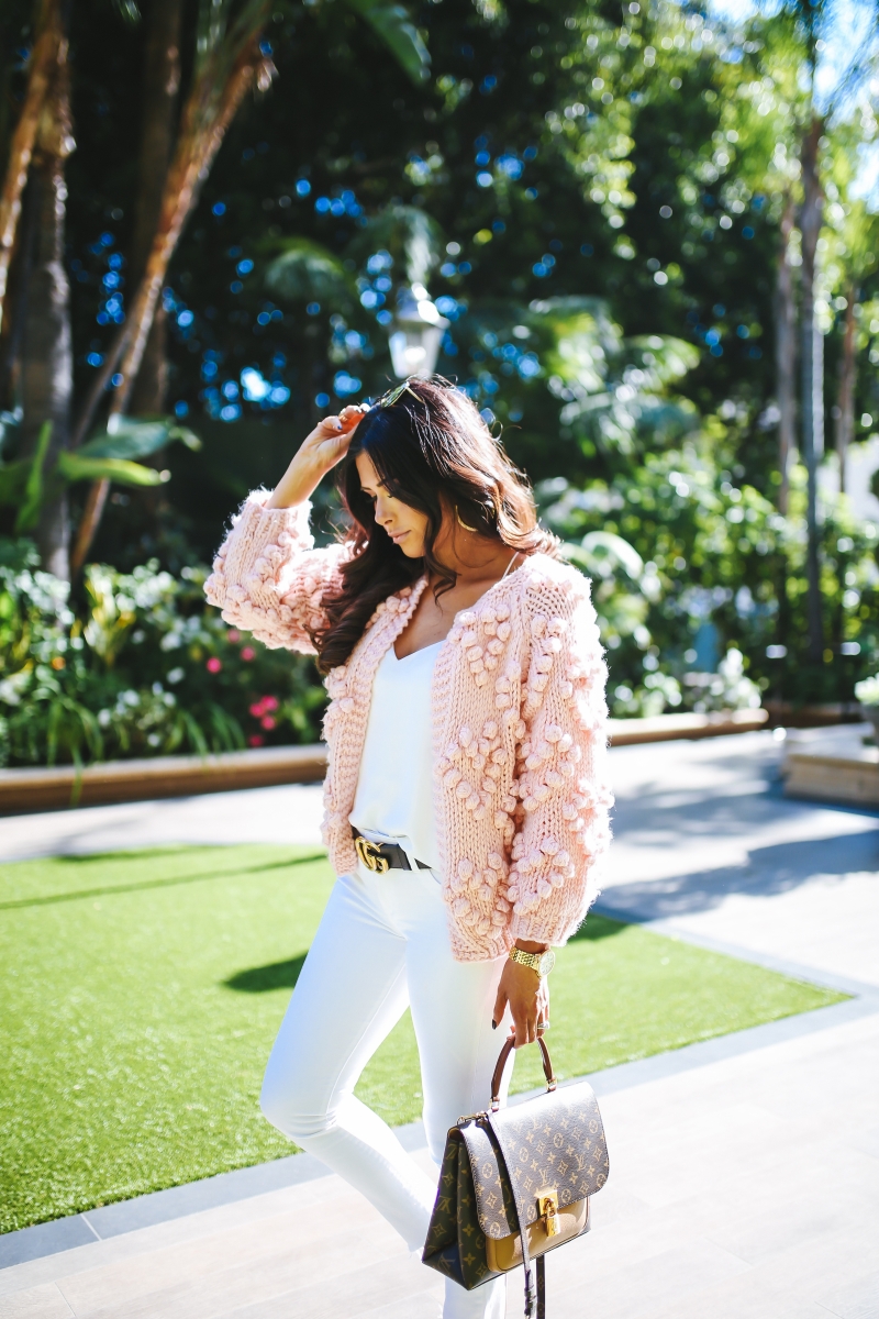 Chicwish knit your love cardigan, pink chunky knit pom cardigan, gucci belt outfit all white spring pinterest, emily ann gemma, four seasons los angeles, spring fashion 2018 pinterest-6