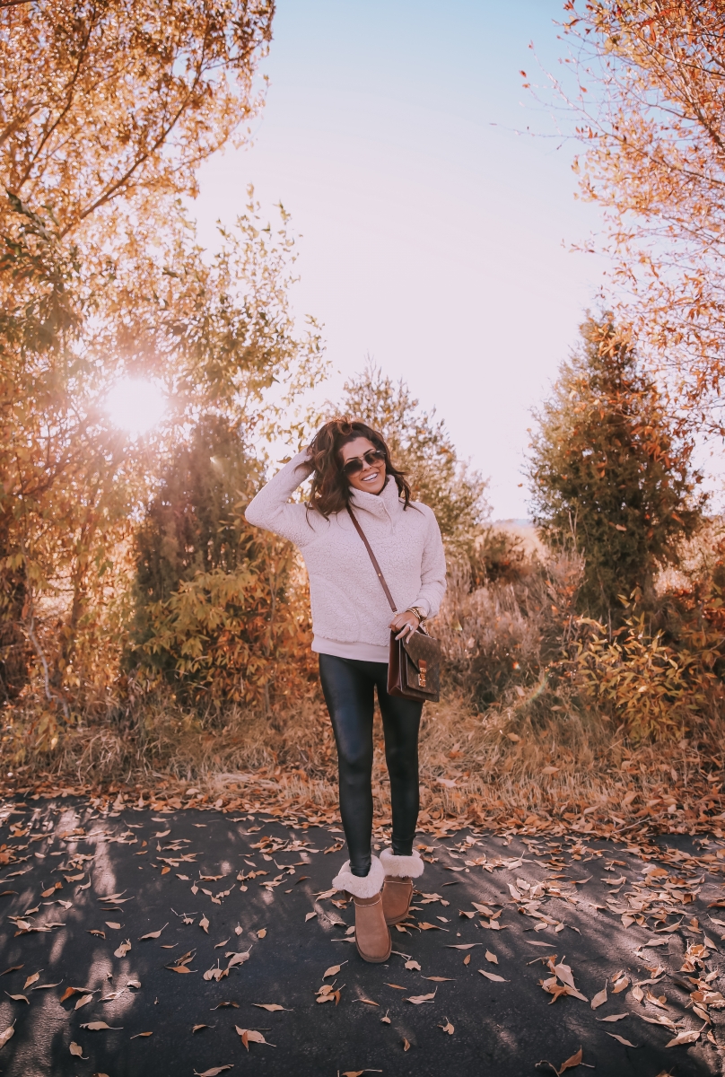 zella sherpa pullover, spanx faux leather leggings review, ugg boots daelynn review, emily ann gemma, park city fashion outfit fall, fall outfit idea pinterest 2018-3