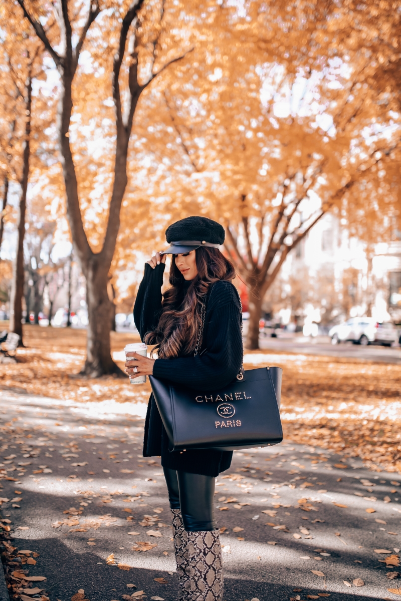 Fall fashion pinterest 2018, cute fall outfit idea leather leggings pinterest 2018, Zara snakeskin boots 2018, Chanel leather deauville gold hardware large