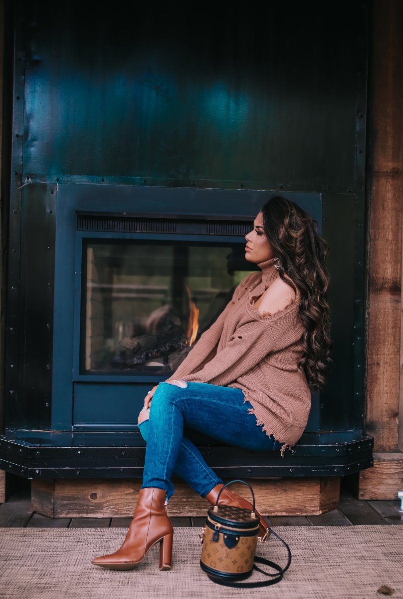 DL1961 maternity jeans, Louis Vuitton Cannes bag reverse, lovers and friends turtleneck distressed cold shoulder, #revolveme, calistoga ranch, emily gemma, pregnancy outfit winter pinterest 2018