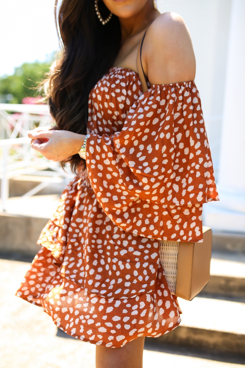 Emily Ann Gemma of The Sweetest Thing Blog's favorite summer dress for under $30. Orange and white polka dot dress, brown wedge heels, deisgner purse.