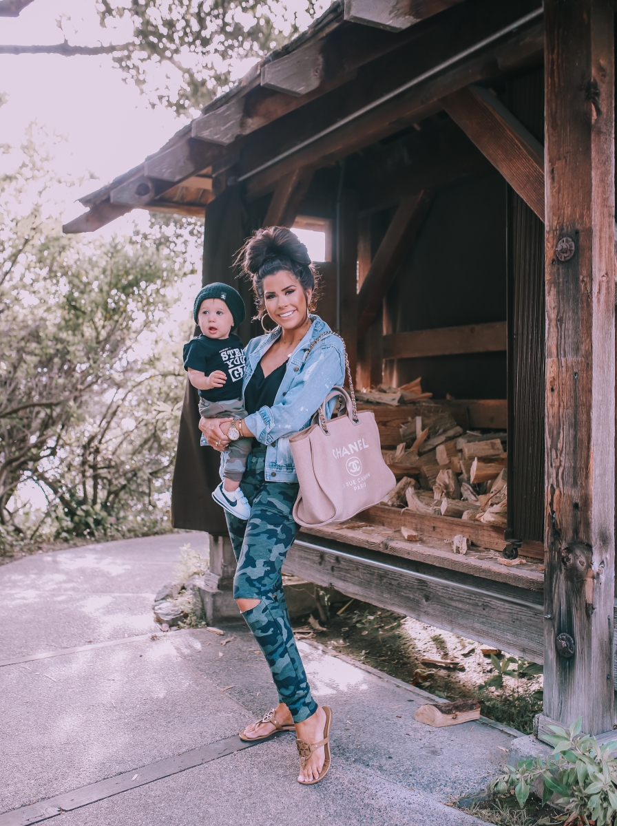 Most Popular Outfits On Sale That I've Worn - All 50% Off! by popular Oklahoma fashion blog, The Sweetest Thing: image of a woman wearing camo distressed joggers.