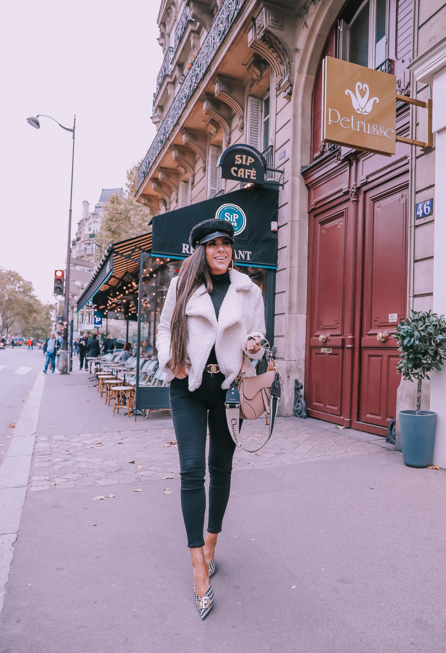 Ivory Peacoat styled by top US fashion blog, The Sweetest Thing: image of a woman wearing a BB Dakota ivory peacoat in Paris. | fall outfit ideas pinterest 2019, paris fall outfit ideas, dior saddle bag nude with straps, dior saddle bag blush saddle bag, emily ann gemma-2