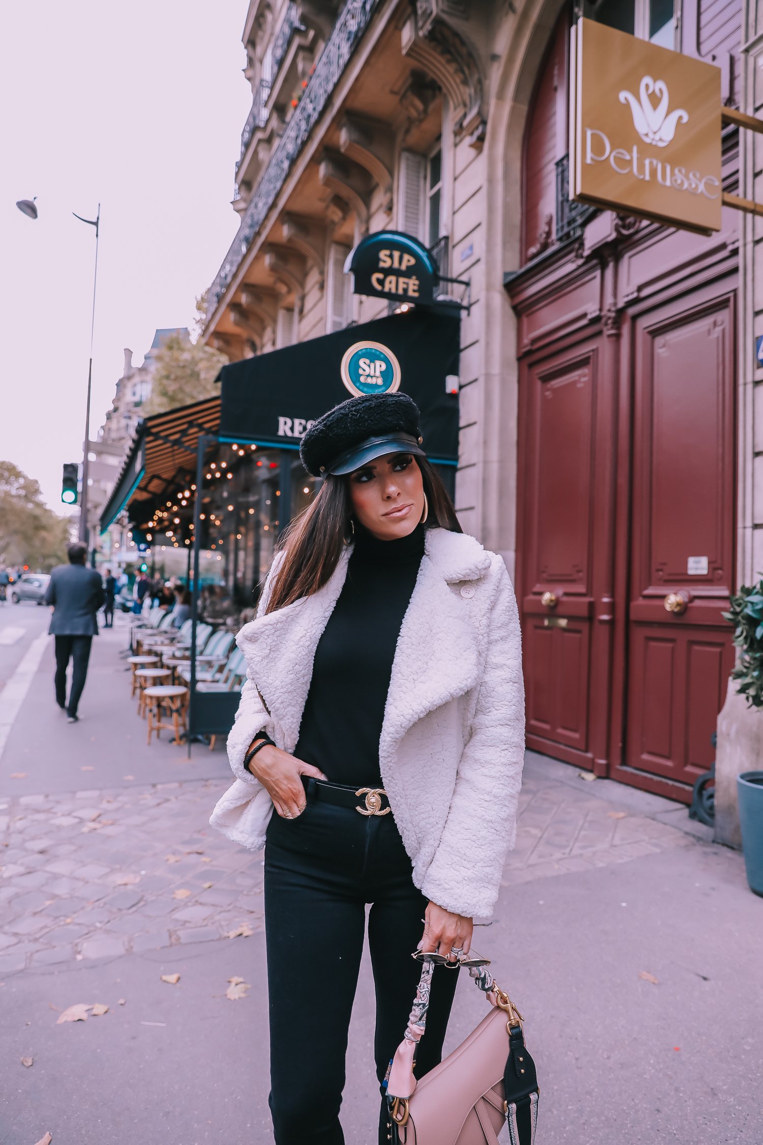Ivory Peacoat styled by top US fashion blog, The Sweetest Thing: image of a woman wearing a BB Dakota ivory peacoat in Paris. | fall outfit ideas pinterest 2019, paris fall outfit ideas, dior saddle bag nude with straps, dior saddle bag blush saddle bag, emily ann gemma-2