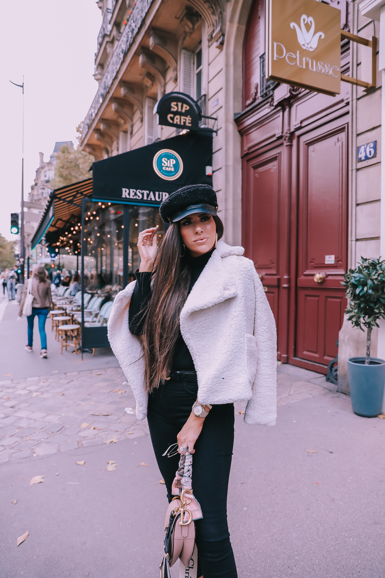 Ivory Peacoat styled by top US fashion blog, The Sweetest Thing: image of a woman wearing a BB Dakota ivory peacoat in Paris. | fall outfit ideas pinterest 2019, paris fall outfit ideas, dior saddle bag nude with straps, dior saddle bag blush saddle bag, emily ann gemma-2