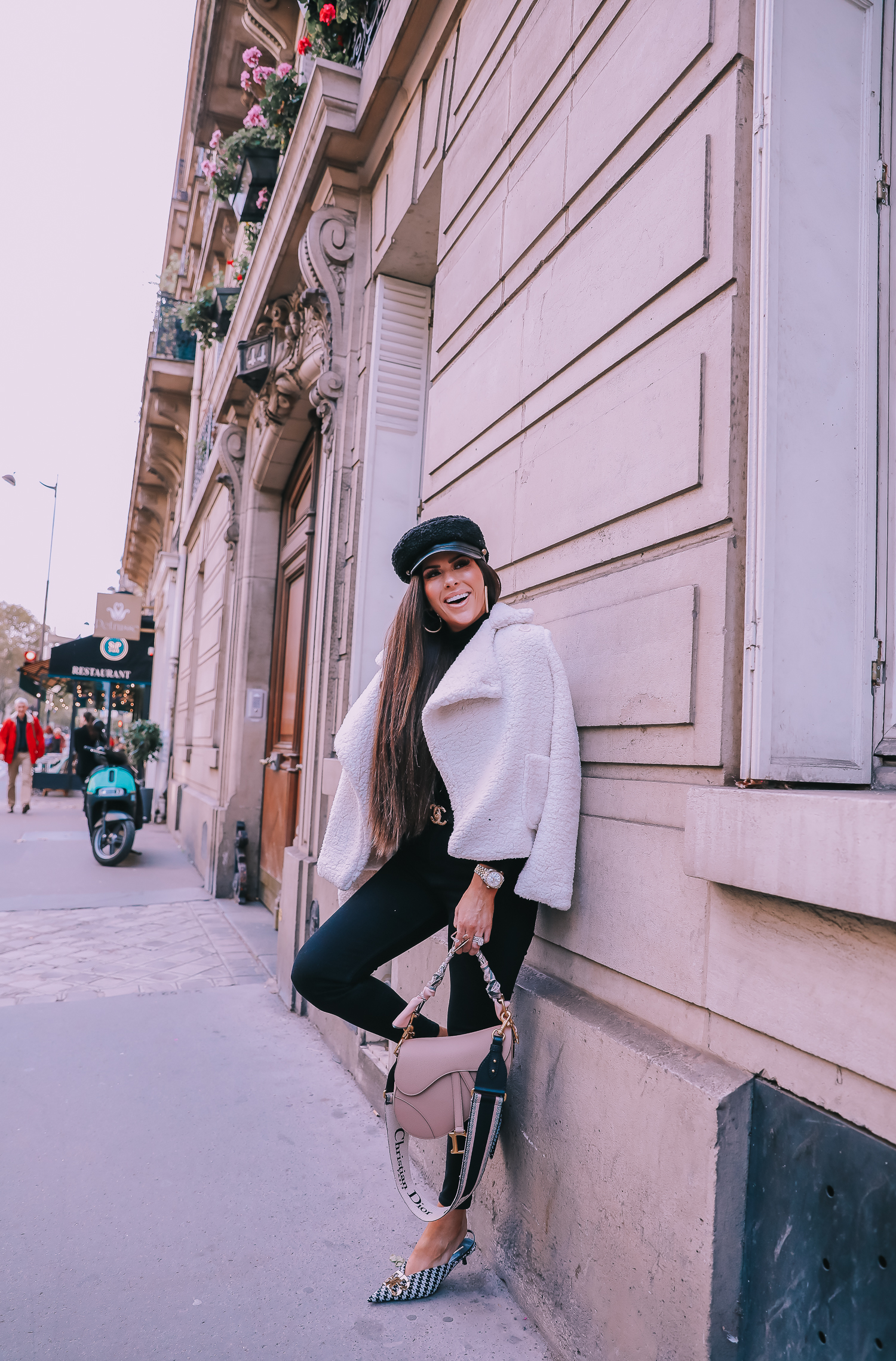 Ivory Peacoat styled by top US fashion blog, The Sweetest Thing: image of a woman wearing a BB Dakota ivory peacoat in Paris. | fall outfit ideas pinterest 2019, paris fall outfit ideas, dior saddle bag nude with straps, dior saddle bag blush saddle bag, emily ann gemma-2