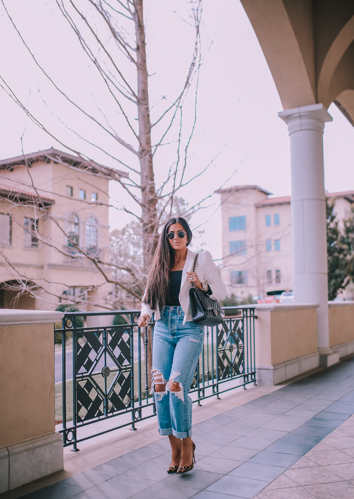 AGOLDE jeans review 90s high rise loose fit, balmain lookalike blazer, chanel classic black maxi, leopard print so kate louboutins, pinterest boyfriend jeans, emily ann gemma-2 | My Favorite Boyfriend Jeans & Bodysuit by popular Oklahoma fashion blog, The Sweetest Thing: image of a woman wearing Nordstrom Long Sleeve Square Neck Bodysuit TOPSHOP, Revolve 90s High Rise Loose Fit AGOLDE brand, Nordstrom So Kate Pointy Toe Pump CHRISTIAN LOUBOUTIN, Nordstrom Icons 53mm Retro Sunglasses RAY-BAN, Nordstrom Lip Cheat Lip Liner CHARLOTTE TILBURY, Nordstrom Hot Lips Lipstick CHARLOTTE TILBURY, and Nordstrom TOM FORD Gloss Luxe Moisturizing Lipgloss, Main, color, 09 AURA (7) Gloss Luxe Moisturizing Lipgloss TOM FORD.