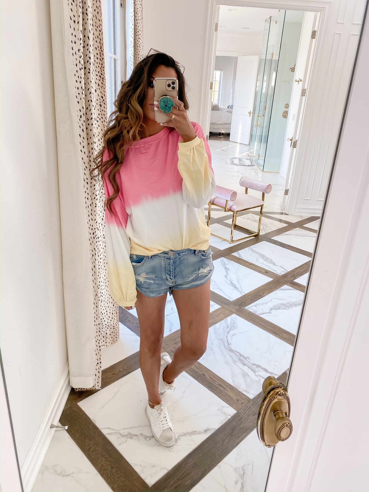 Blogging Newsletter by popular US life and style blog, The Sweetest Thing: image of a woman wearing a Amazon Eytino Women Long Sleeve Sweatshirt Colorblock Tie Dye Printed Pullover, Nordstrom 49mm Square Sunglasses BP., H&M 6-pack Earrings and Studs, Steve Madden REZZA WHITE sneakers, Revolve Rhinestone Anklet Ettika brand:Ettika, and Shopbop One Teaspoon Hendrix Bandit Shorts and holding a phone in a Amazon Speck Products Presidio Stay Clear iPhone 11 Case with a Etsy Gorgeous Blue Crystal Druzy Quartz Popsocket. 