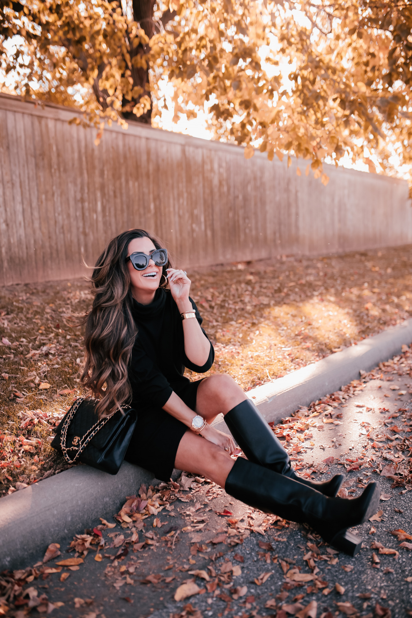 walmart fall fashion outfit ideas 2020, tulsa fashion blog, emily ann gemma5 |Fall Clothing by popular US fashion blog, The Sweetest Thing: image of a woman wearing a Walmart Time and Tru Women's Cowlneck Dress, Walmart Melrose Ave Women's Vegan Leather Knee High Block Heel Boots, and carrying a Chanel bag. 