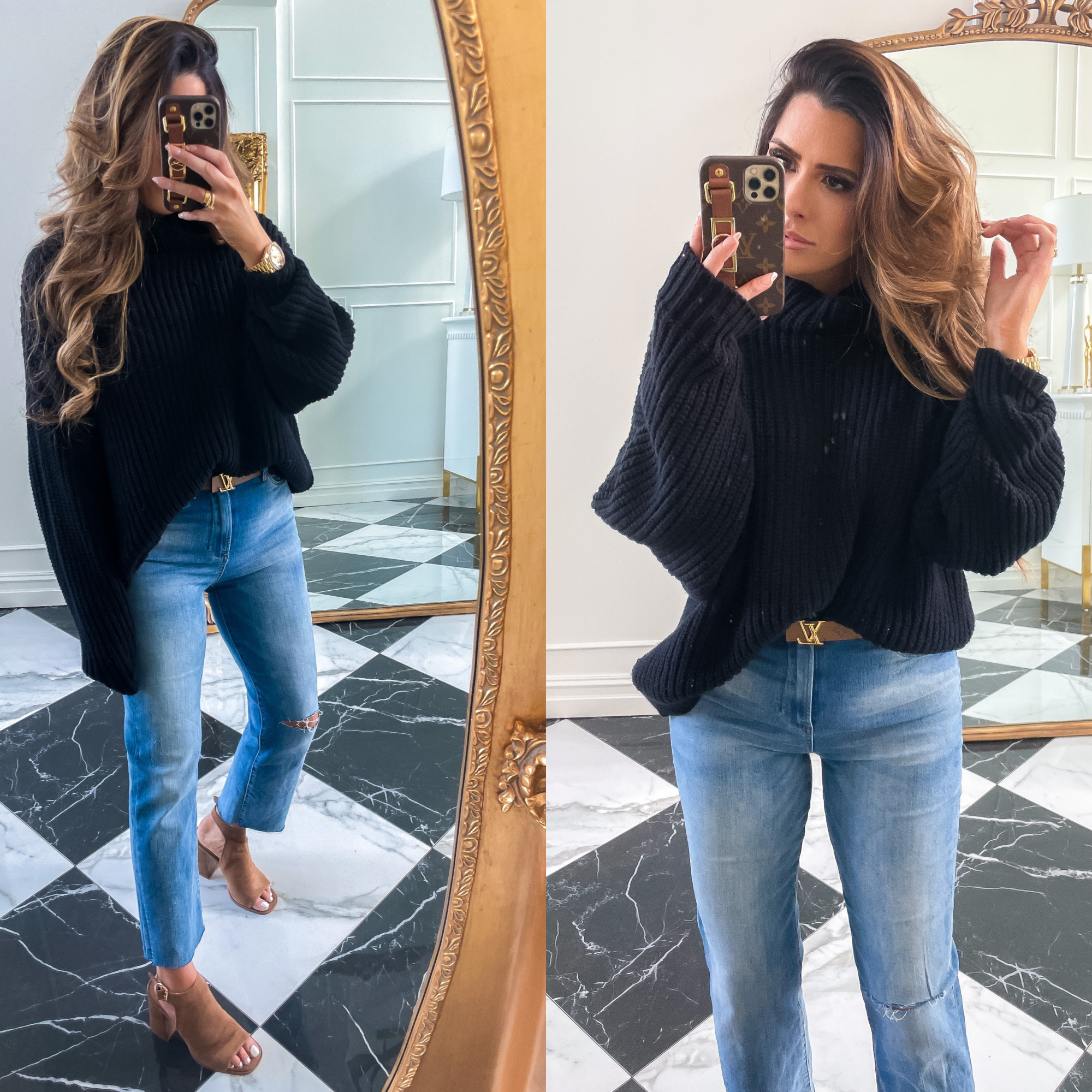 Nordstrom Anniversary Sale 2021 Picks, NSALE 2021 picks must haves, Nsale 2021 blanknyc jeans ribcage, Emily gemma | Nordstrom Anniversary Sale by popular US fashion blog, The Sweetest Thing: image of Emily Gemma wearing a black knit mock neck sweater, distressed denim, brown suede block heel sandals, and a Louis Vuitton belt. 