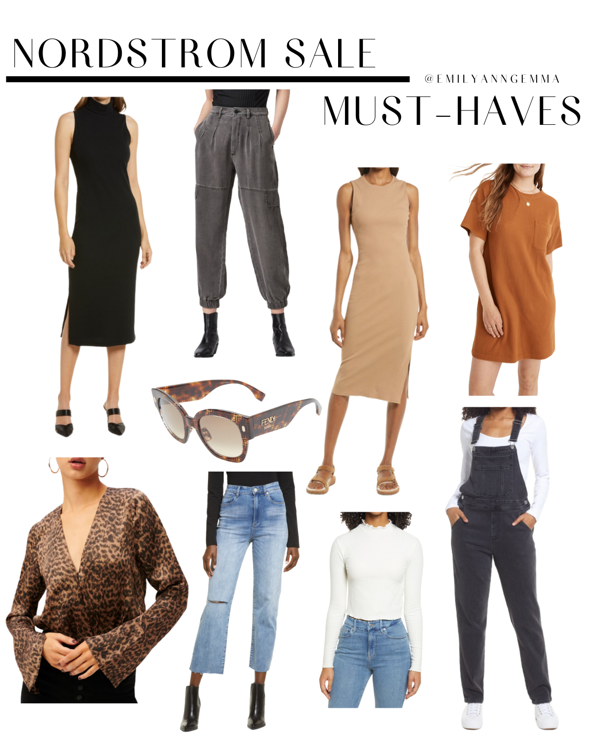https://www.theswetestthingblog.com/wp-content/uploads/2021/07/Nsale-2021-must-haves-Nordstrom-Anniversary-Sale-2021-picks-emily-gemma-Nordstrom-sale-Nsale-2021 |  Nordstrom Anniversary Sale by popular US fashion blog, The Sweetest Thing: collage image of black denim jogger pangs, black sleeveless bodycon dress, tan sleeveless bodycon dress, camel brown t-shirt dress, tortoise shell frame sunglasses, cropped high waist denim, white long sleeve mock neck shirt, black overalls, and leopard print bell sleeve shirt. 