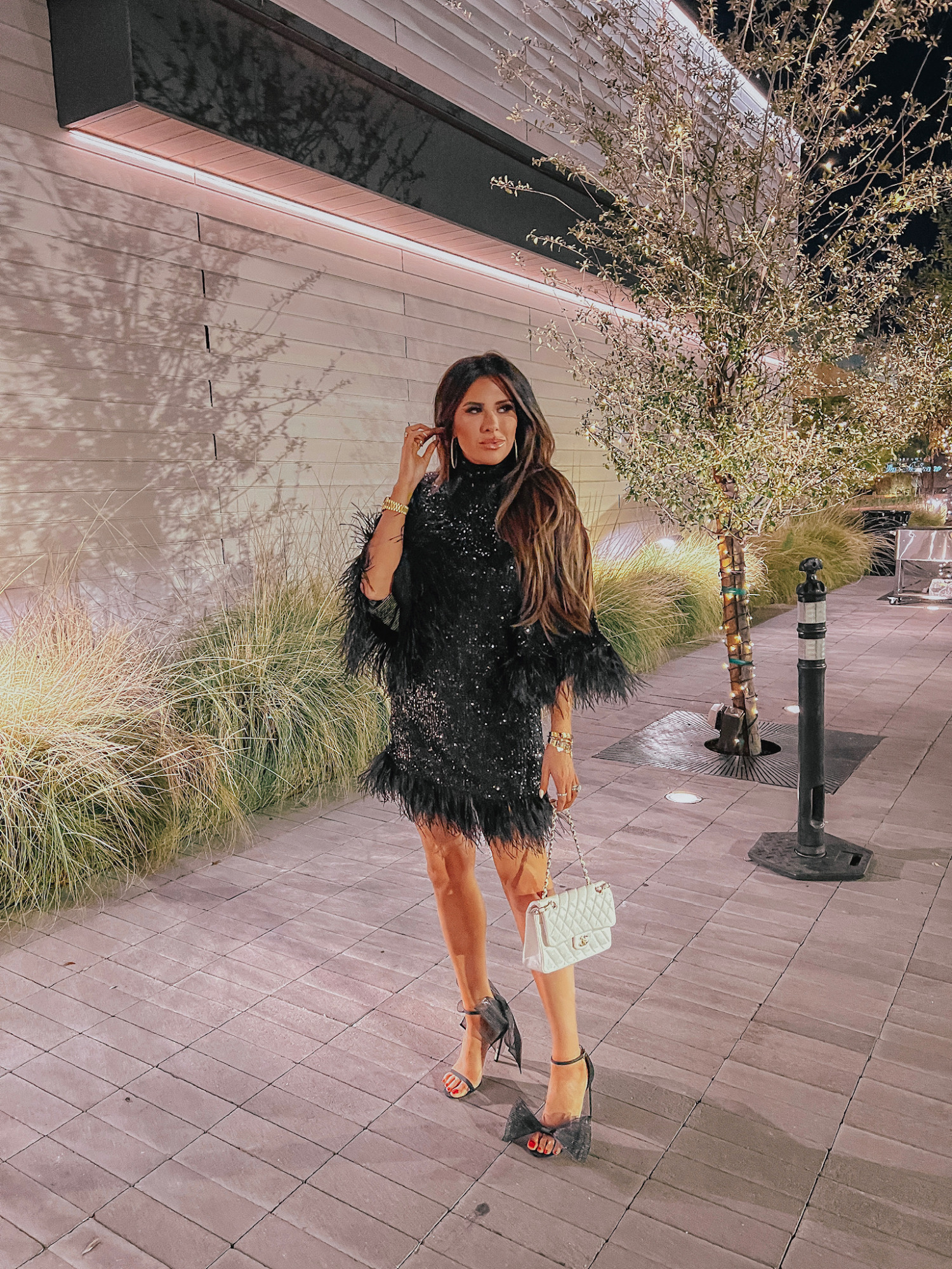 Jimmy Choo Aveline Bow Ankle Strap Sandal, Rebecca Vallance Naomi Sequined Feather Dress, Emily Ann Gemma, Scottsdale Fashion Blogger, Chanel White Caviar Quilted Small Double Flap White