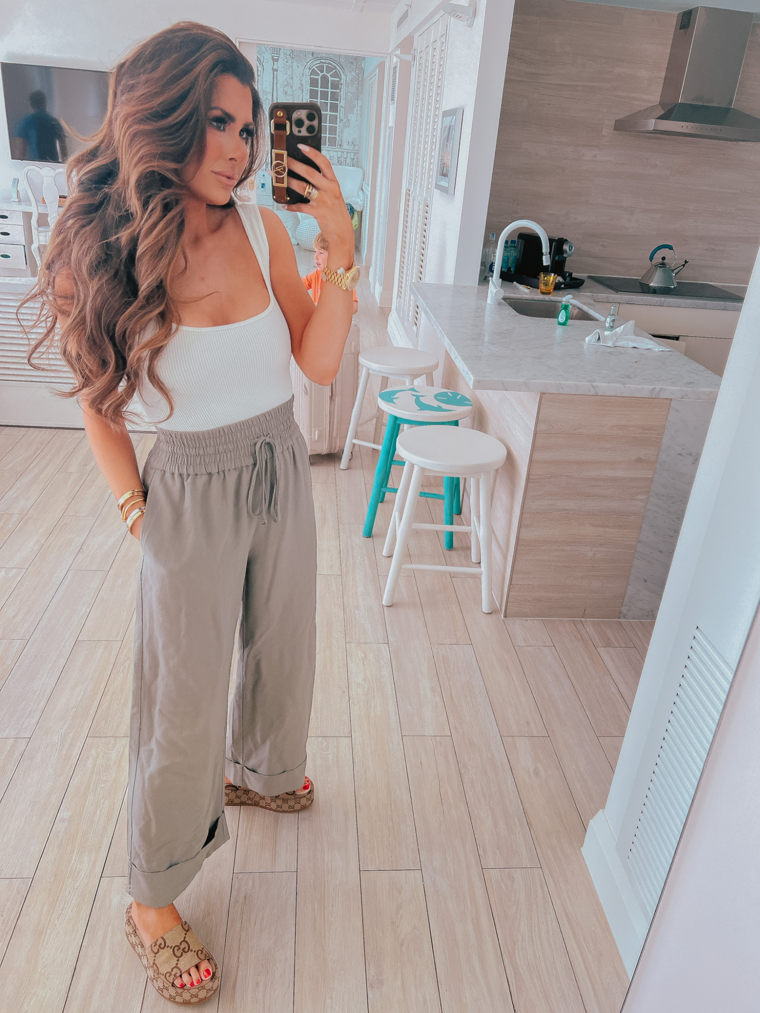 Travel Outfits Summer 2022, Nordstrom Casual Outfit Ideas 2022, Gucci Angelina GG Logo Platform Slide Sandals, Free People Bodysuit, Emily Ann Gemma