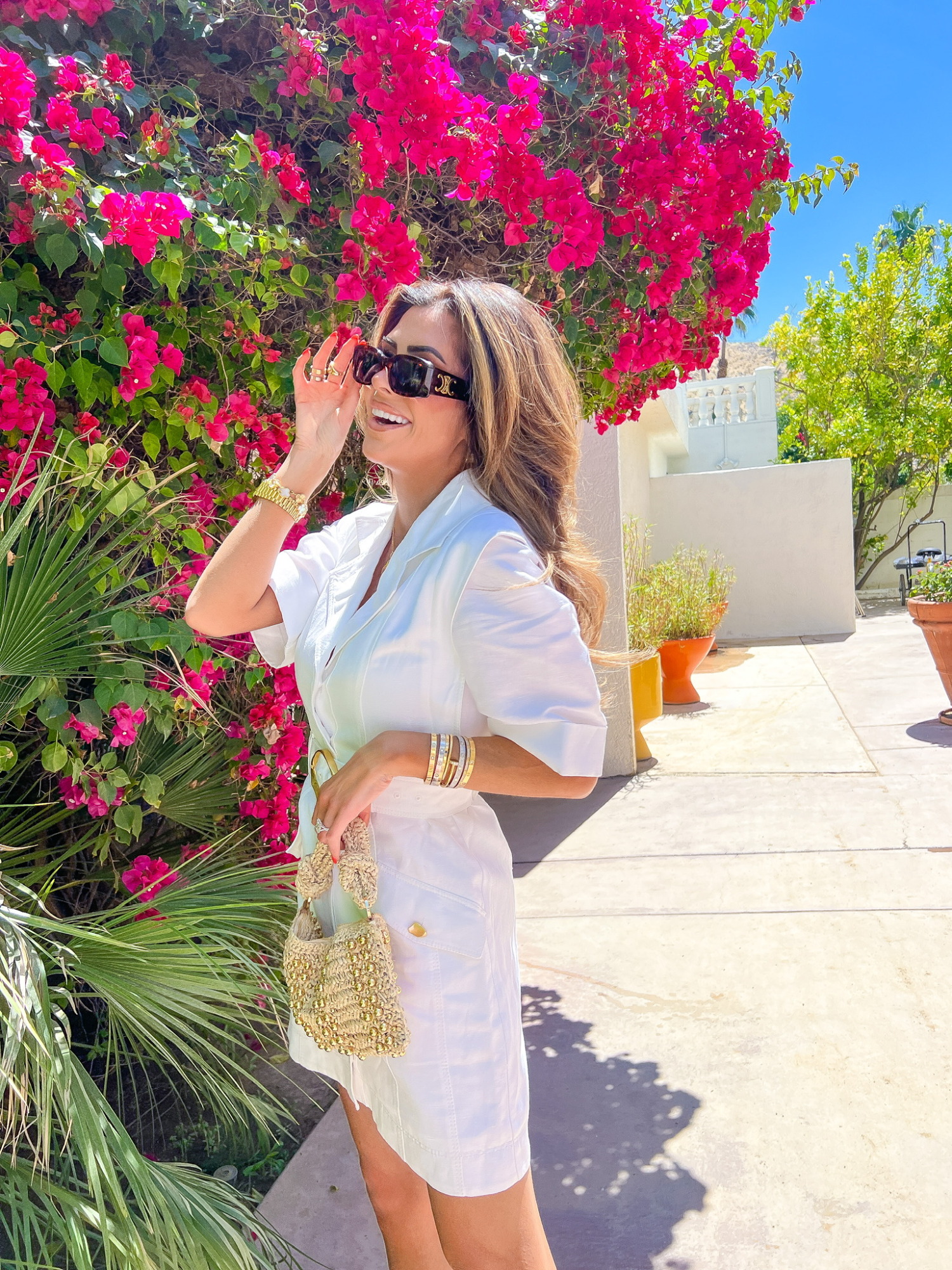 white spring dress, raffia handbag outfit, gold heels outfit, celine sunglasses outfit, cult gaia handbag, saks fifth avenue dresses, emily ann gemma, Aje Dress, tortoise sunglasses, designer sunglasses, summer fashion, spring fashion, Palm Springs fashion