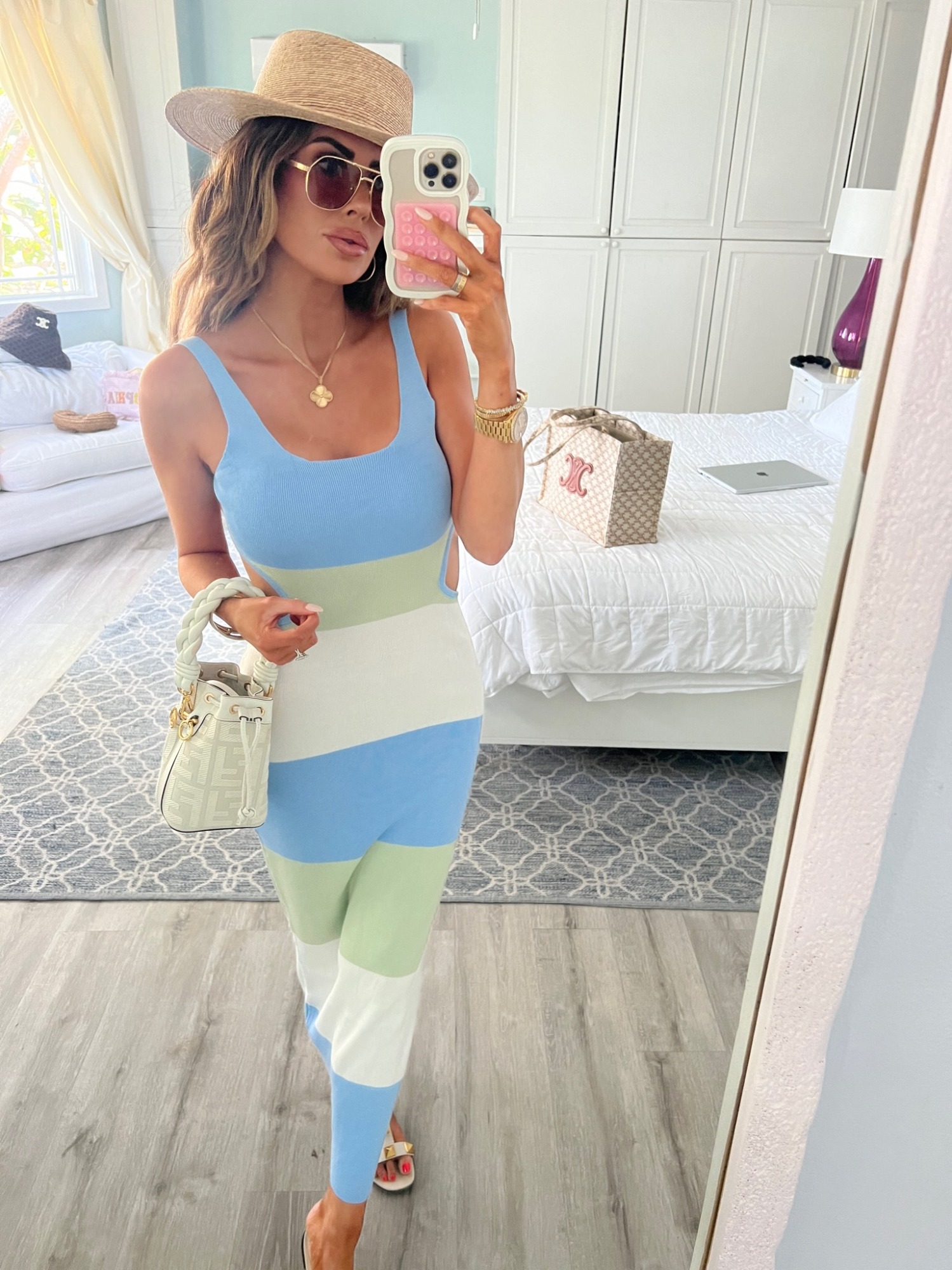 Amazon fashion, Fendi bucket bag, how to wear Valentino sandals, Van Cleef and Arpels necklace, Spring Break Fashion, Emily Ann Gemma, Amazon dress, summer dress, white sandals
