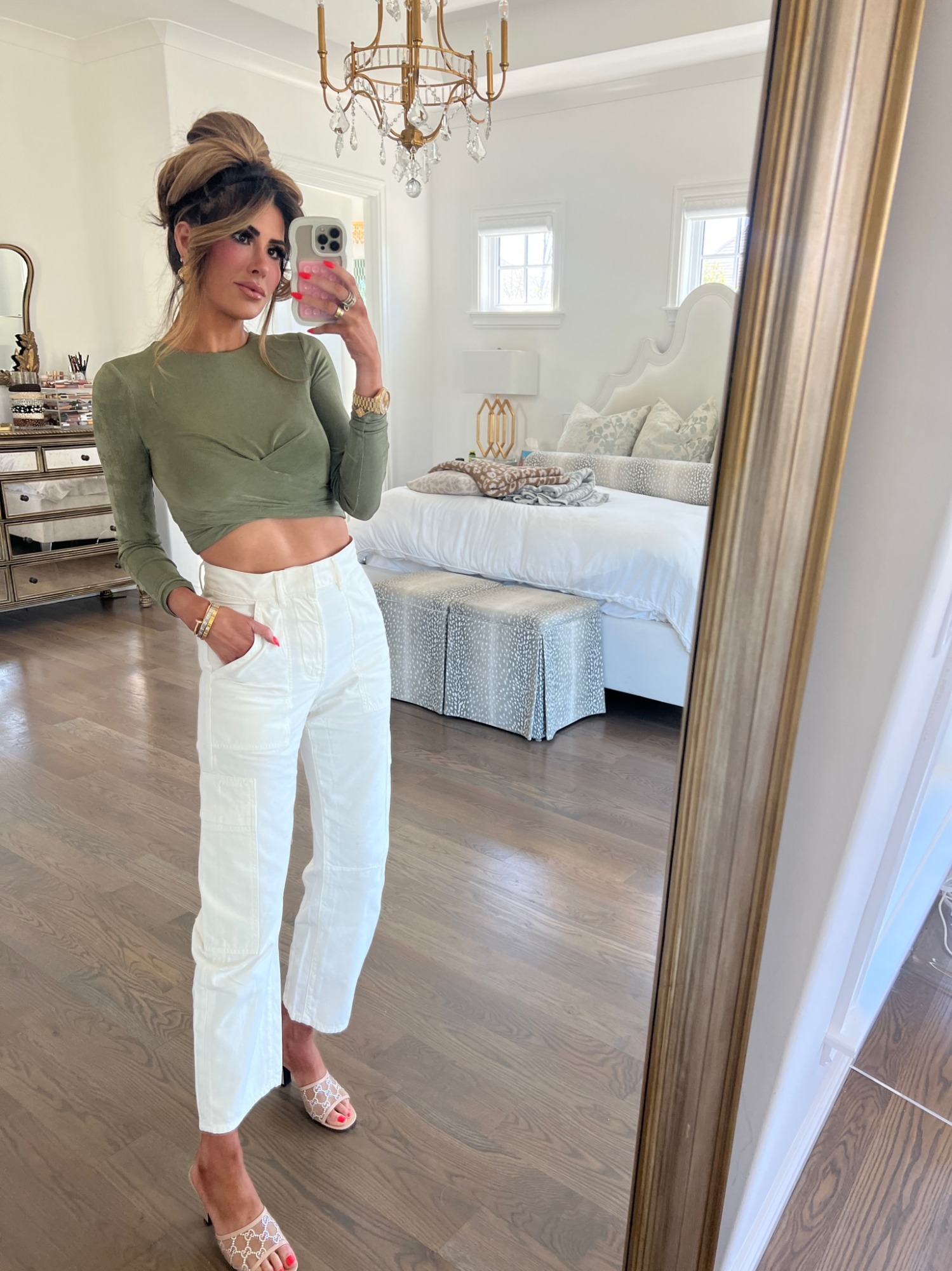 GG crystal mesh slide sandal outfit, Gucci heels, white cargo pant outfit, Spring fashion finds, Emily Ann Gemma, white pants outfit, citizens of humanity white pants, revolve finds