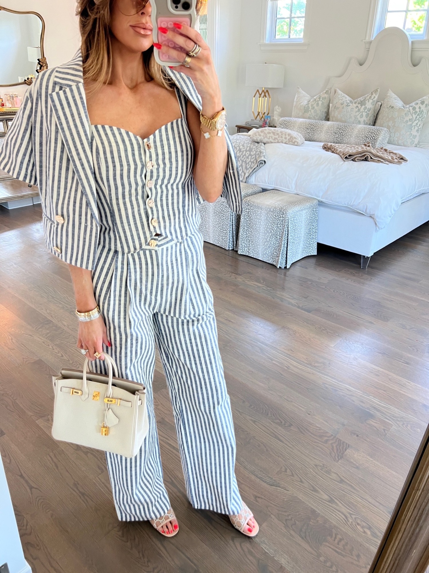 Hermes birkin bag outfit, Spring fashion, bloomingdales fashion finds, Gucci mesh heels, Emily Ann Gemma, Summer matching set, spring set, vacation outfit, birkin bag outfit