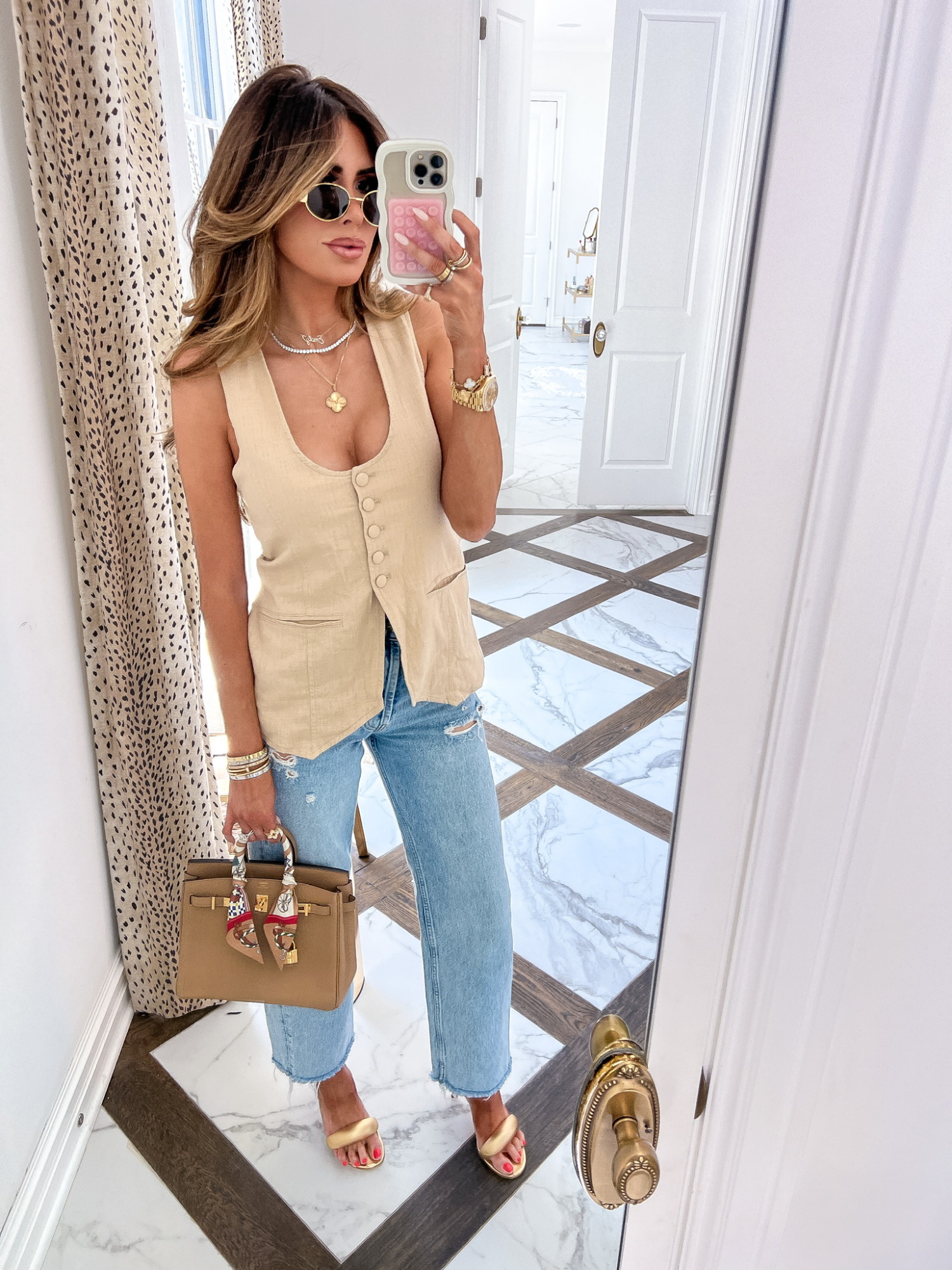 Summer fashion, how to style chai birkin bag, Date night outfit, gold celine sunglasses outfit, gold heels, Emily Ann Gemma, summer vest, ANINE BING jeans, best womens denim