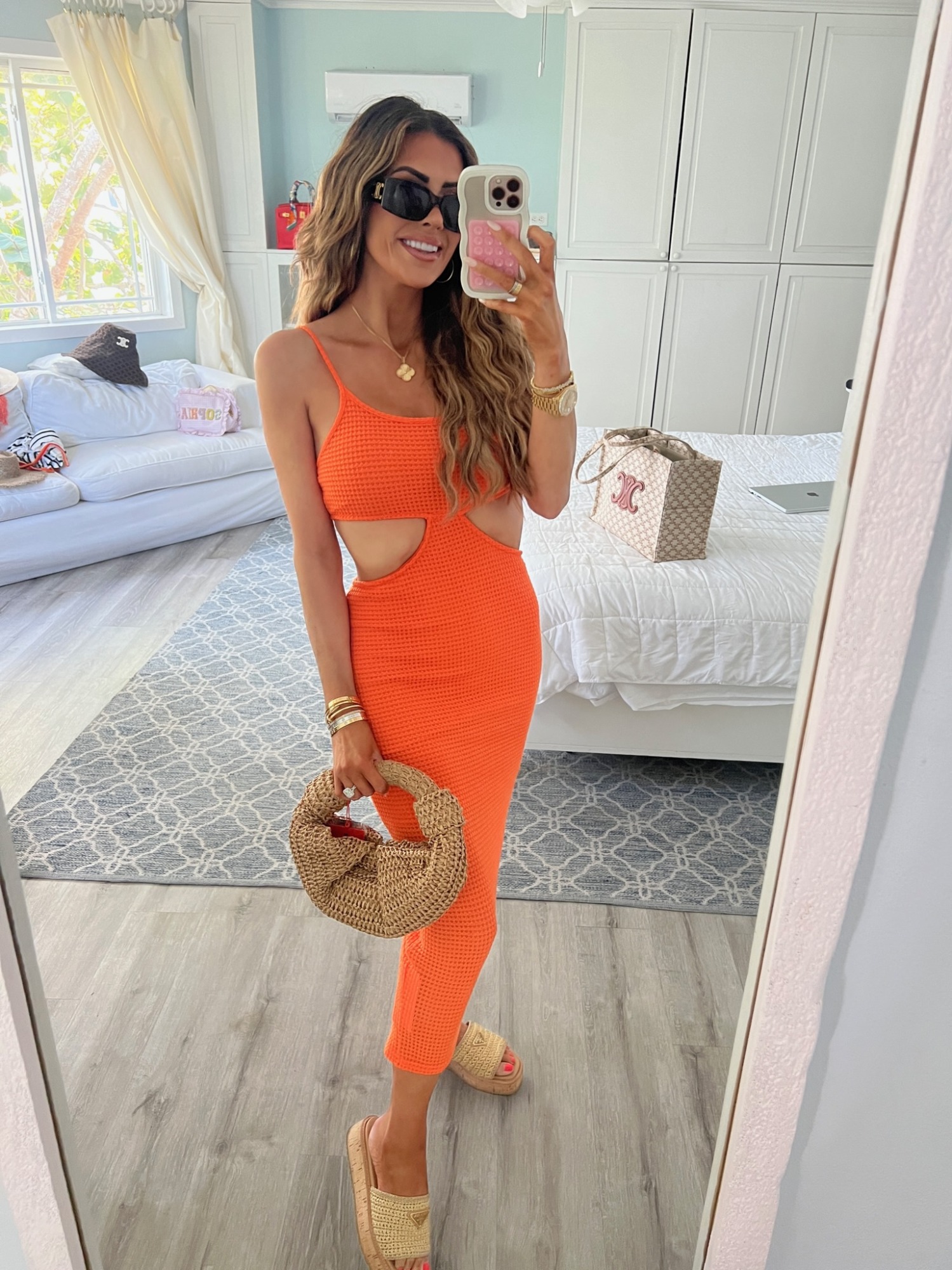 Van Cleef & Arpels yellow gold Guilloche Magic Alahambra long neclace outfit, Celine Triomphe rectangular sunglasses outift, Prada raffia sandals outfit, summer dress, Emily Ann Gemma, spring break fashion, summer fashion