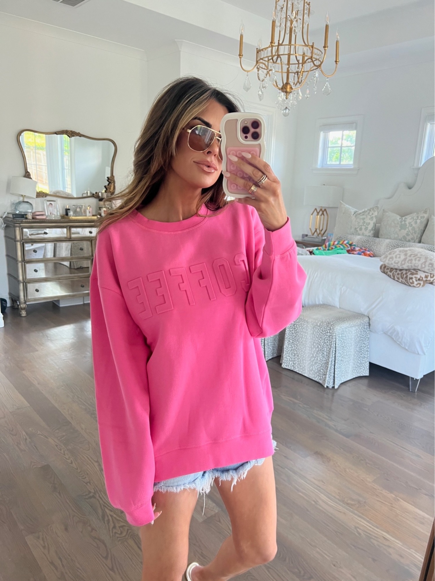 Casual outfit, best denim short, agolde parker shorts, Pink Lily finds, summer fashion, Emily Ann Gemma, everyday attire, casual outfit, Coffee sweatshirt, pink sweatshirt 