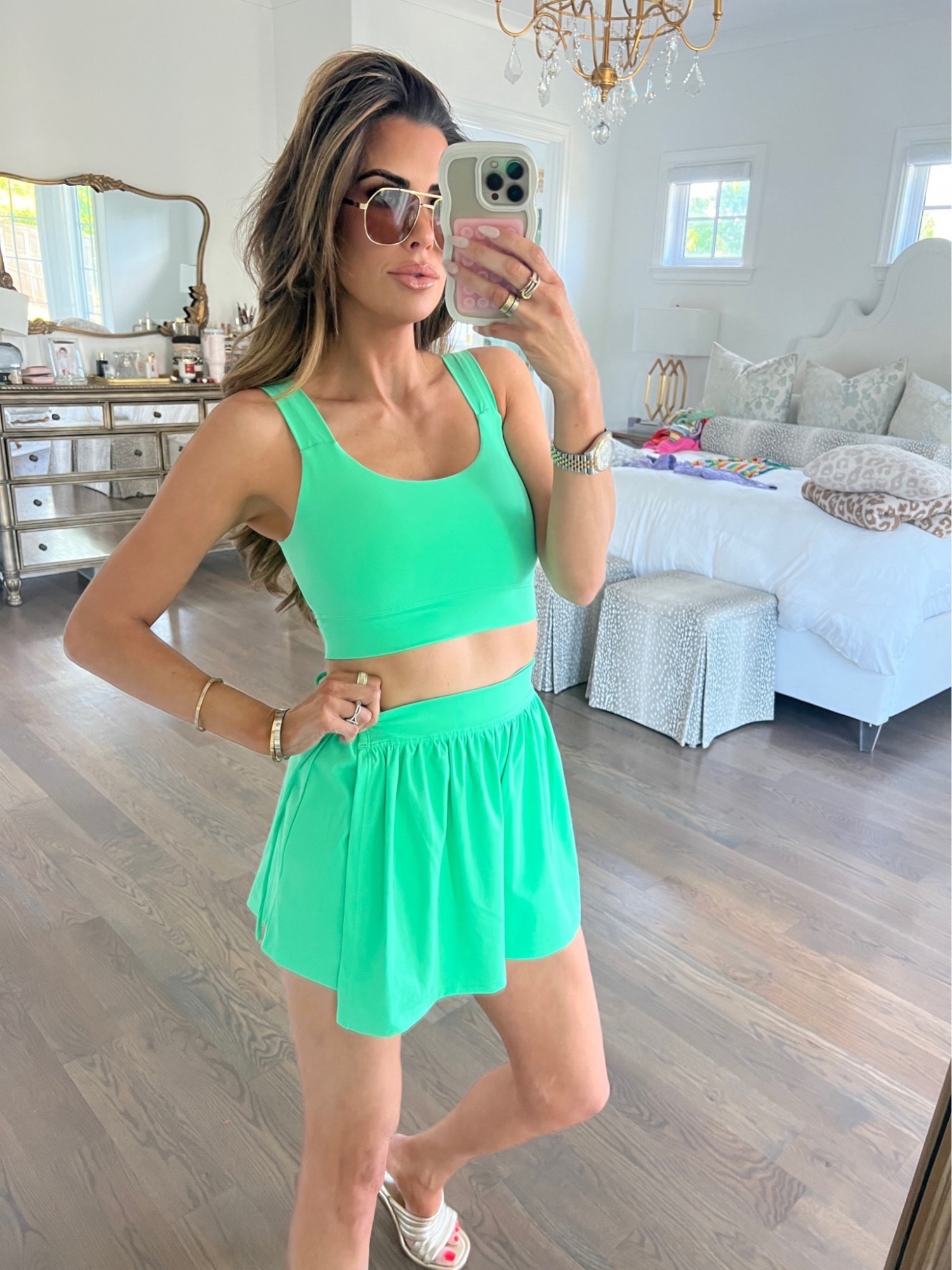 Casual summer outfit, Pink Lily finds, tennis skirt, how to style tennis skirt, Emily Ann Gemma, green set, matching set, athleisure, golf outfit
