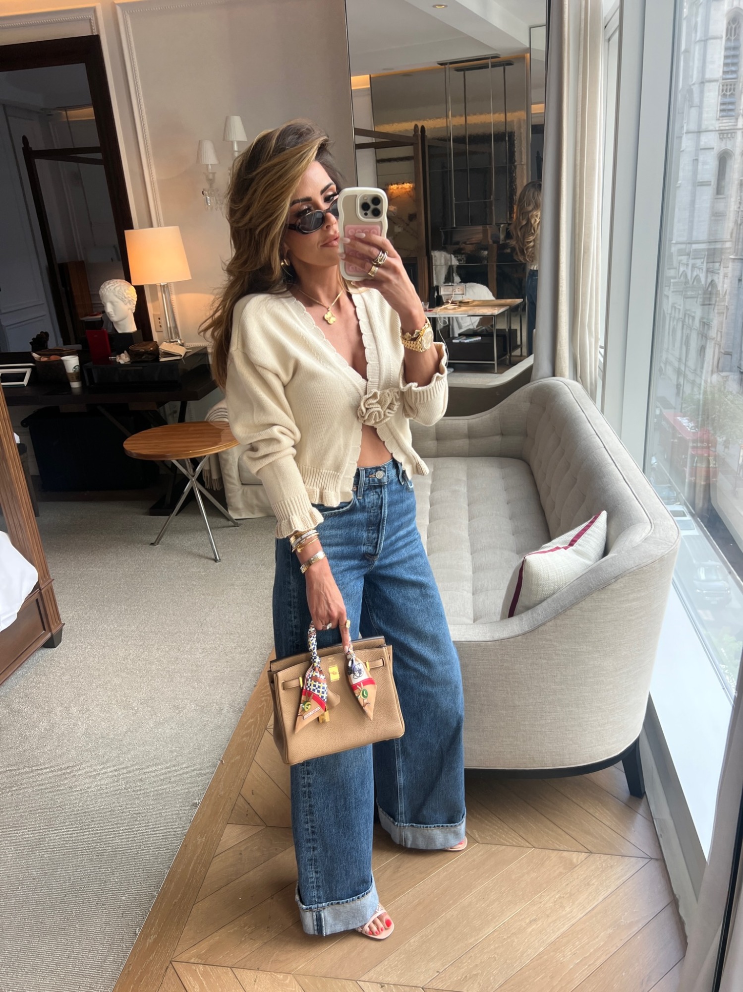 Citizens of Humanity palmona pant, Chai Birkin outfit, Spring fashion outdfit, Van Cleef & Arpels necklace, Emily Ann Gemma, best denim, womens jeans, womens cardigan, Spring fashion