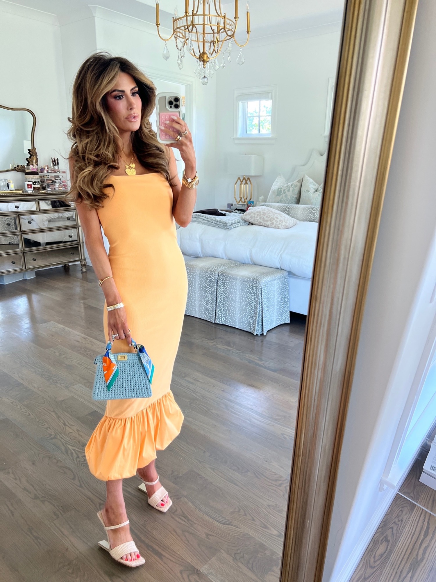 Date night outfit, orange dress, summer dress, resortwear, raffia heels, Emily Ann Gemma