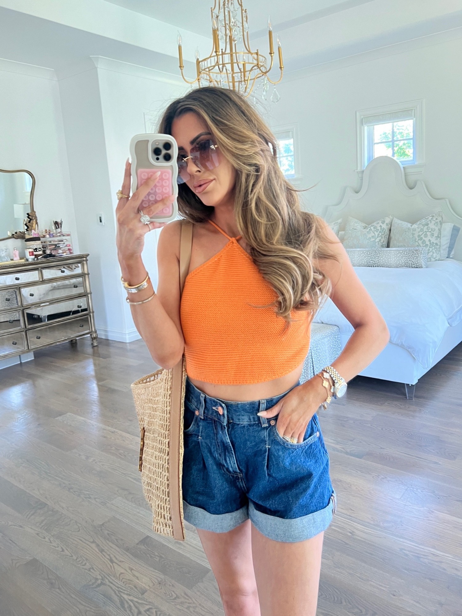Free people Danni roll cuff denim short, halter top, Noisy may tank, summer outfit, Emily Ann Gemma, womens denim shorts
