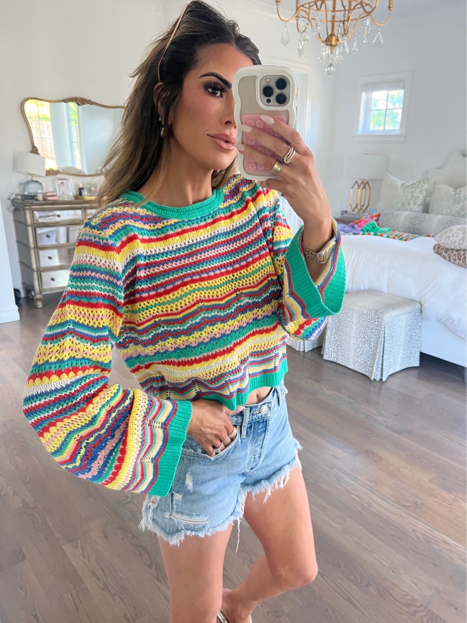 Spring sweater, Agolde parker shorts, Womens denim shorts, pink lily sweater, Emily Ann Gemma