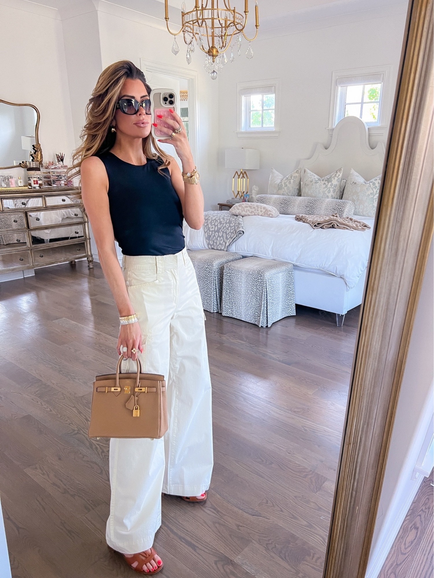 Womens fashion, Walmart fashion, everyday looks, Emily Ann Gemma, womens pants, white pants, chai birkin, hermes bag, Hermes Birkin outfit, how to style a birkin bag, summer tank top