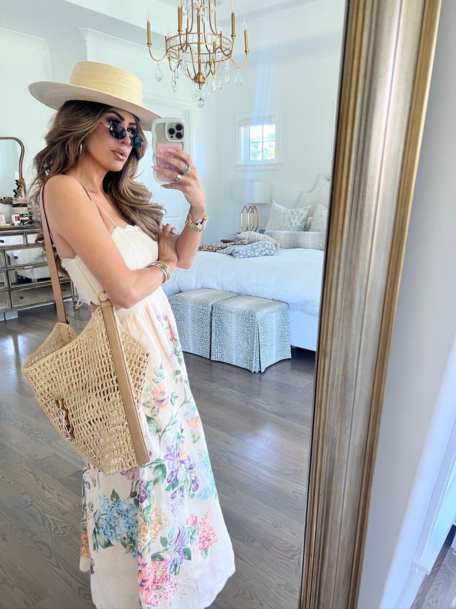 Zimmermann halliday floral scallop midi dress, summer dress, resortwear, YSL Oxalis in raffia, Fendi sunglasses, Emily Ann Gemma