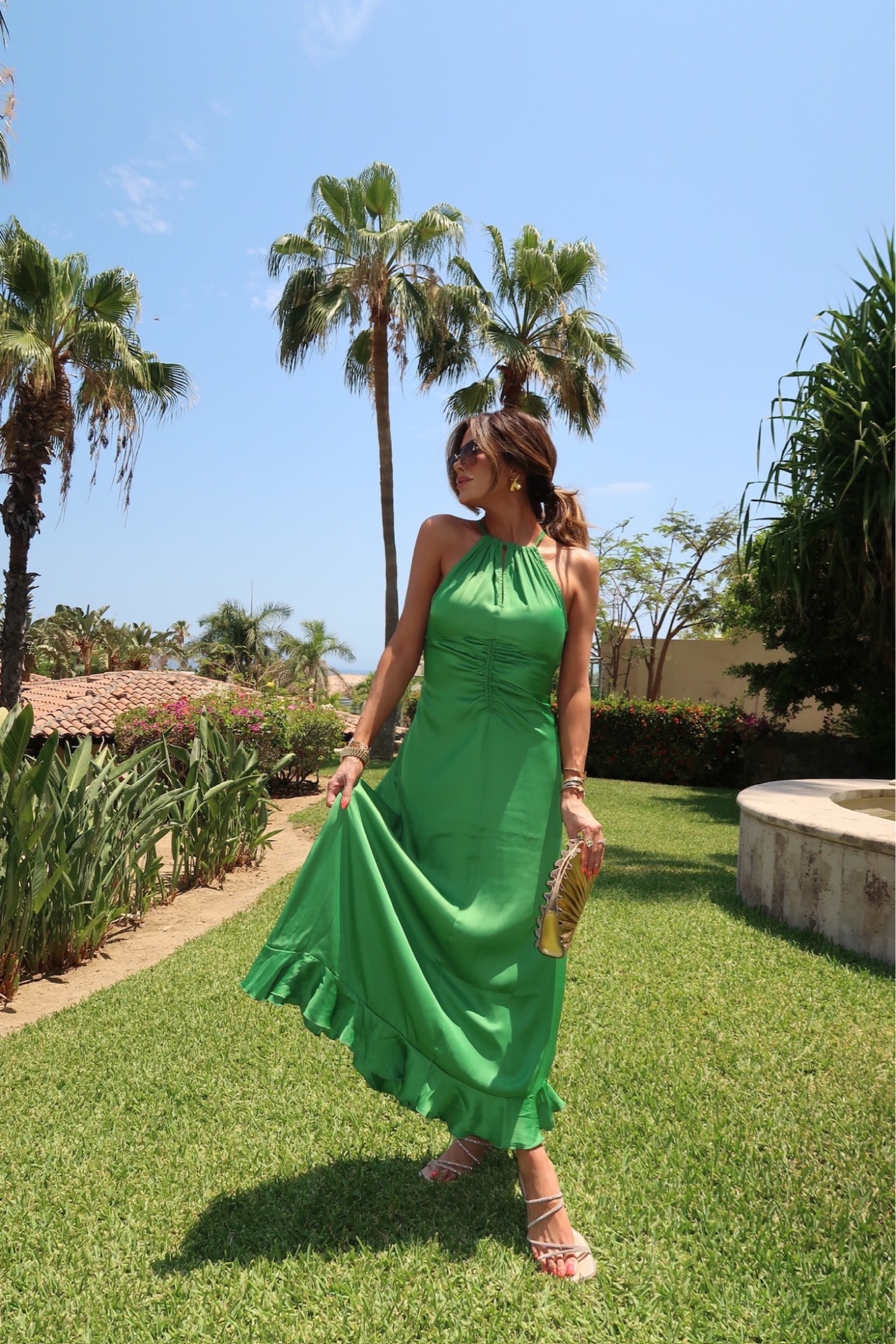 Summer dress, Resortwear, summer sandals, Gold Clutch, Emily Ann Gemma, green dress, summer sandals 