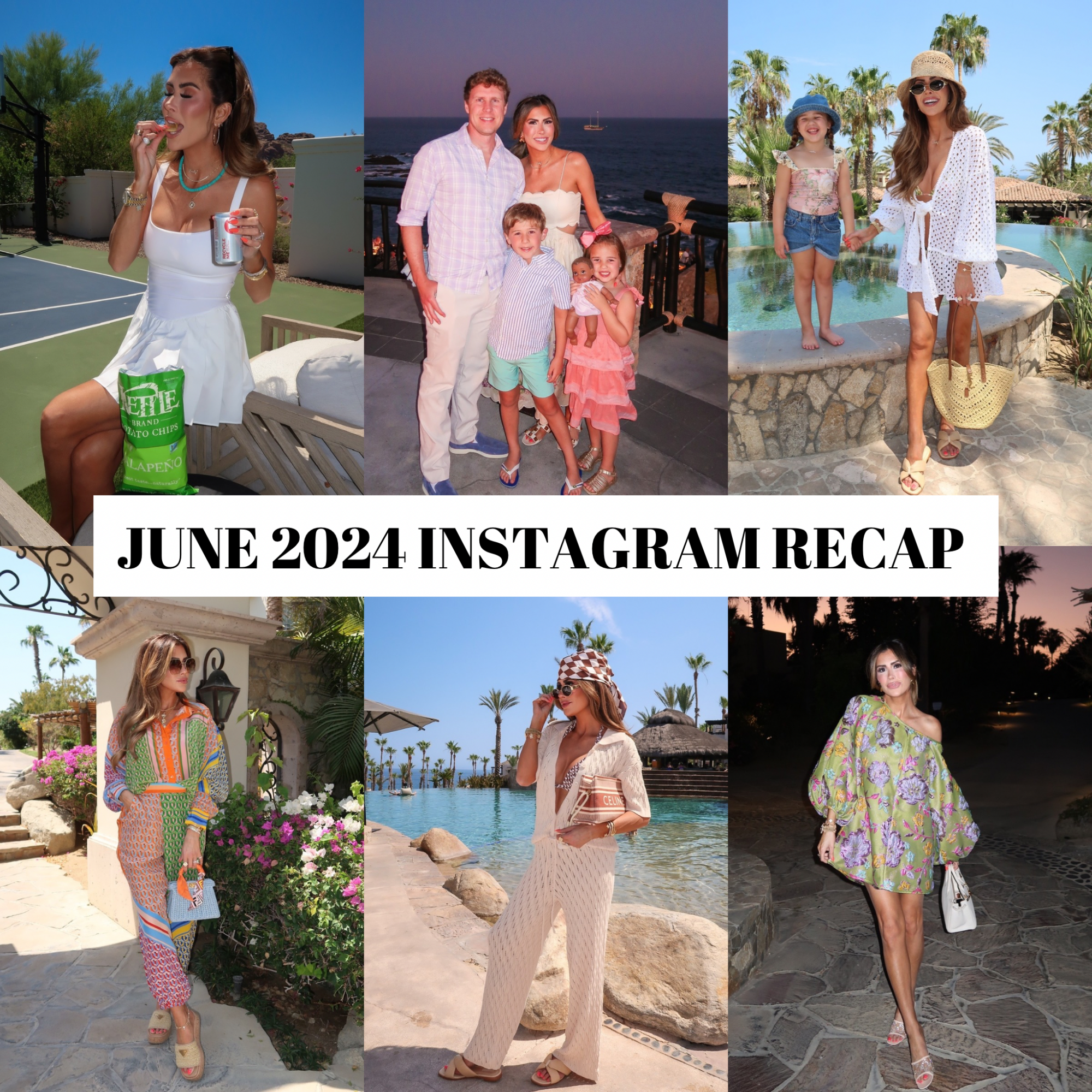 Emily Ann Gemma, June 2024 instagram recap, cabo fashion, resortwear, summer sandals, farm rio, free people dress, summer dress, summer jewelry