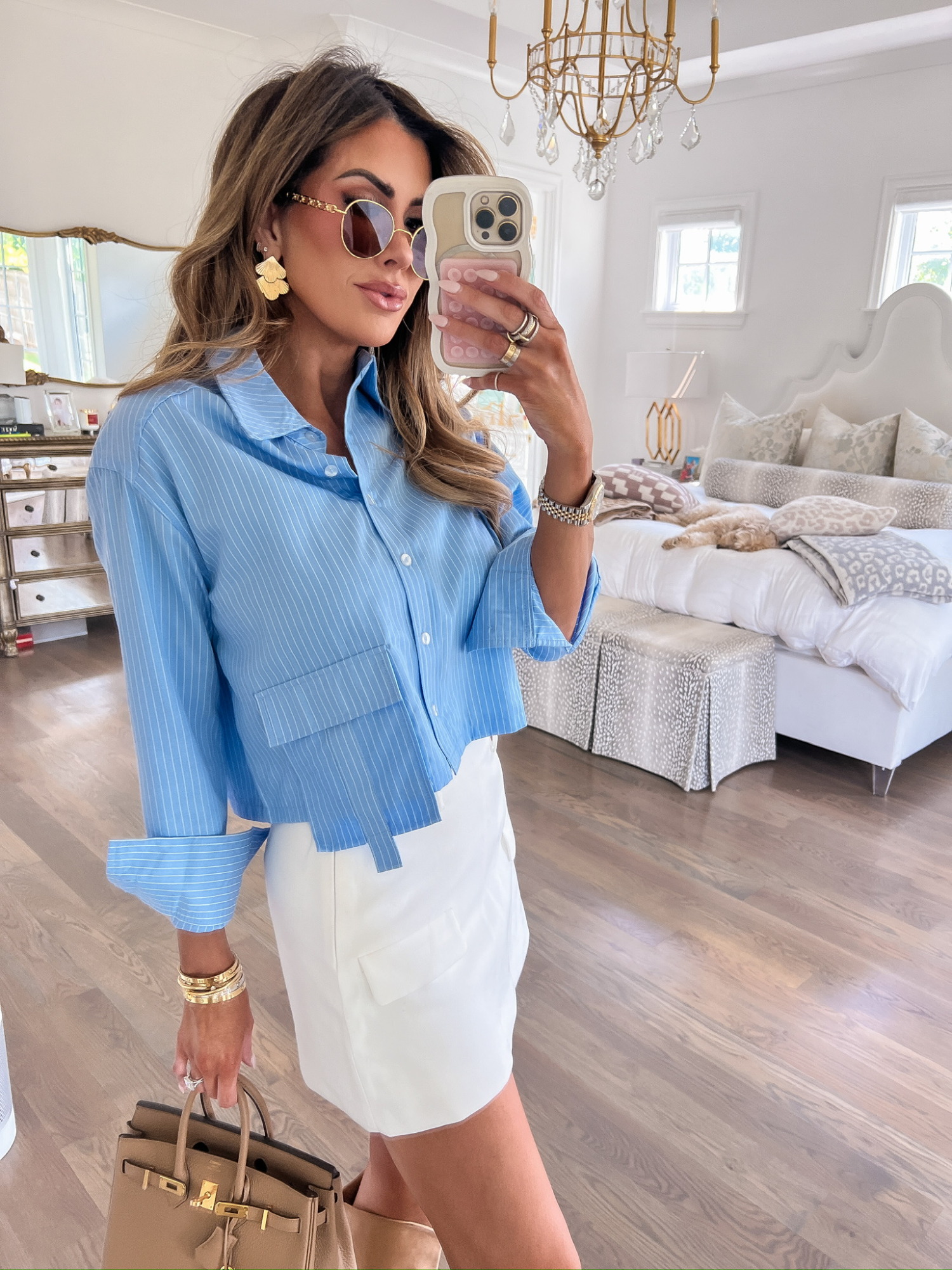 White skort, cargo top, louis vuitton sunglasses, hermes birkin bag, Emily ann Gemma