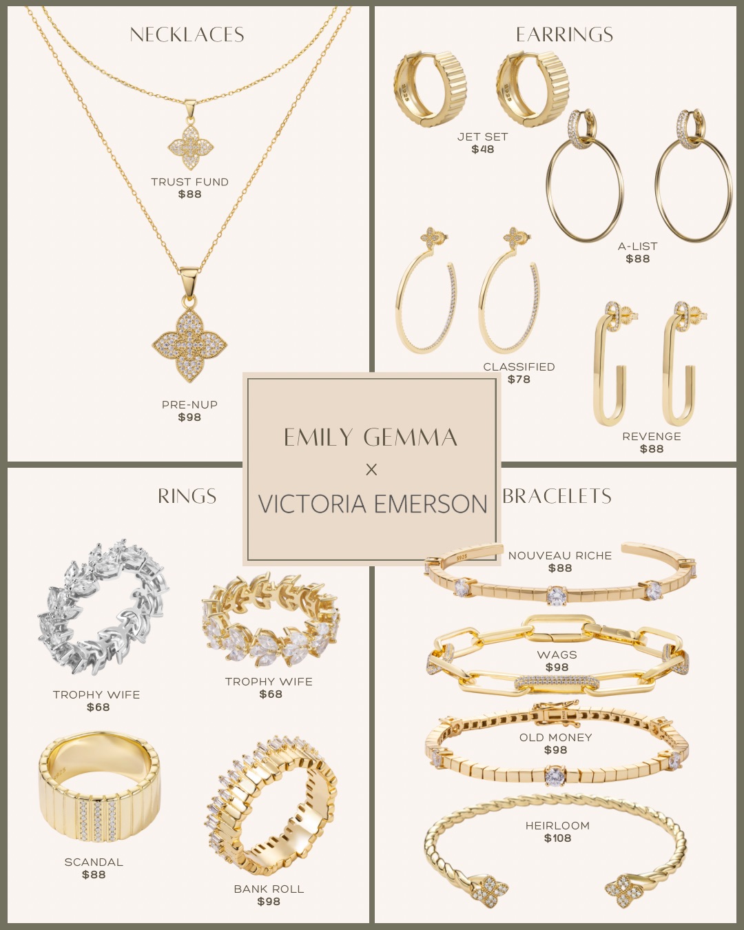EAG X Victoria Emerson, Emily Gemma Jewelry collab, affordable jewelry, gold bracelet, designer look alike jewelry, gift guide, Emily Ann Gemma